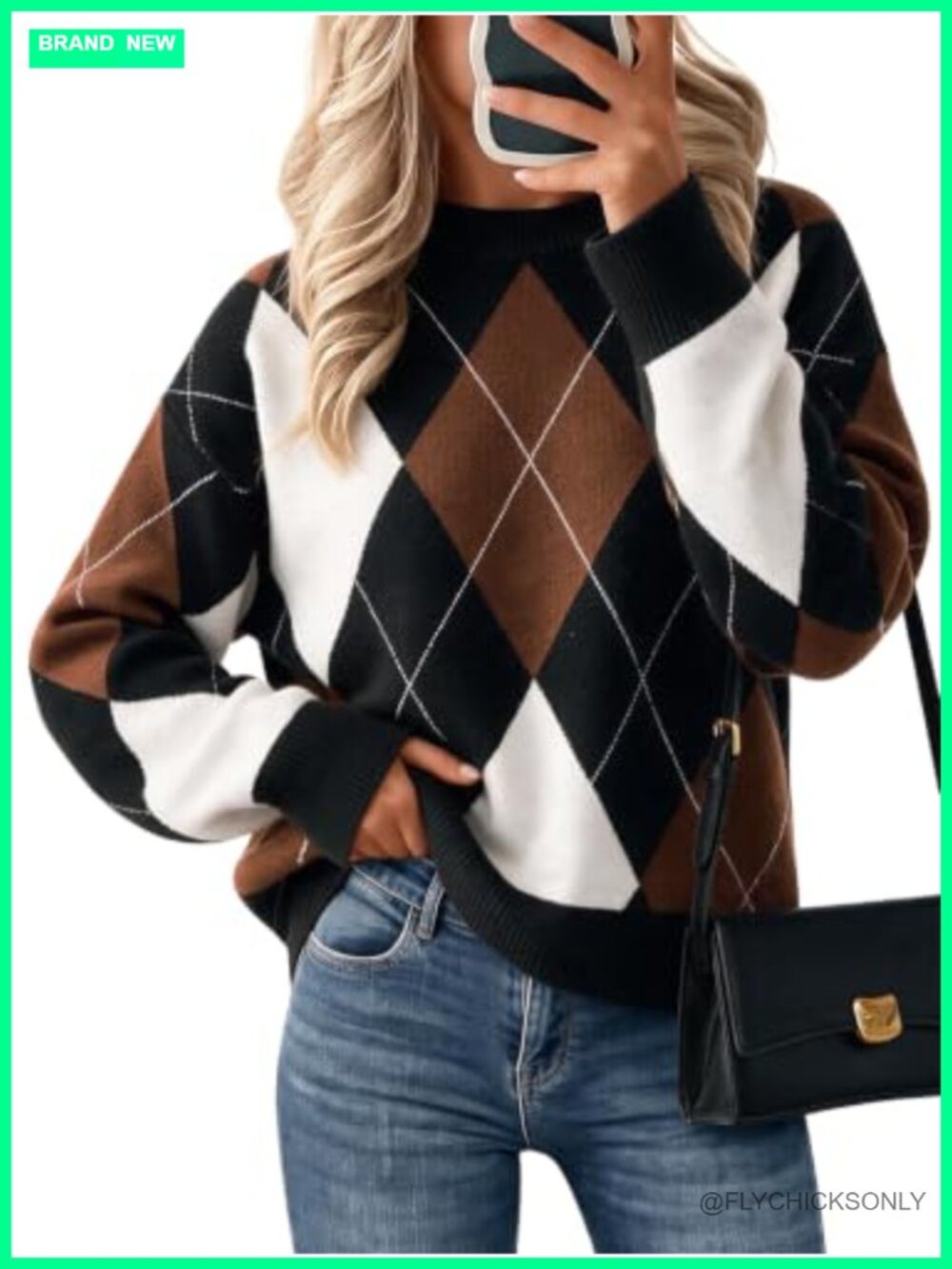 Cicy Bell Argyle Color Block Knit Pullover Sweater Long Sleeve Crew Neck